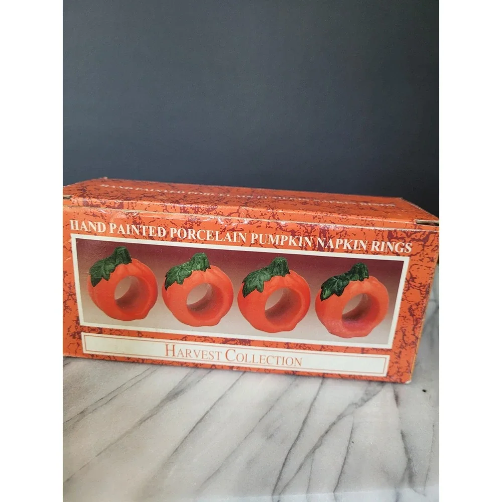 Vintage Ceramic Pumpkin Napkin Rings Set Of 4 Halloween Fall Thanksgiving 3